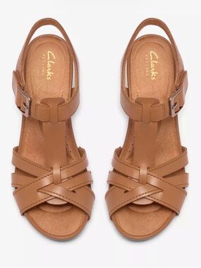 Clarks Brown Leather T-Strap Crossband Slingback Sandals